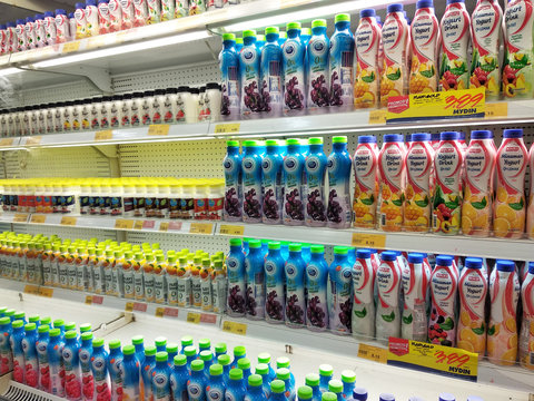 KUALA LUMPUR, MALAYSIA -MARCH 09, 2018: Selected focused on the dairy product displayed on cool chiller rack in the supermarkets. The product packed nicely following its brands.  