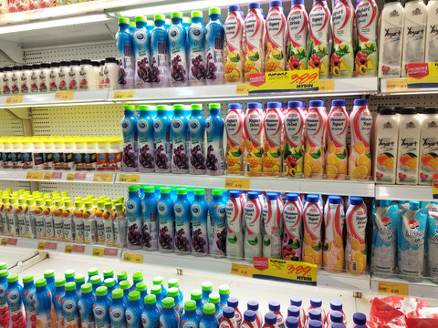 KUALA LUMPUR, MALAYSIA -MARCH 09, 2018: Selected focused on the dairy product displayed on cool chiller rack in the supermarkets. The product packed nicely following its brands.  