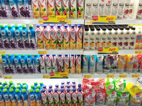 KUALA LUMPUR, MALAYSIA -MARCH 09, 2018: Selected focused on the dairy product displayed on cool chiller rack in the supermarkets. The product packed nicely following its brands.  