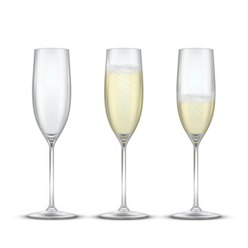 Elegant glasses with champagne realistic vector illustrations set