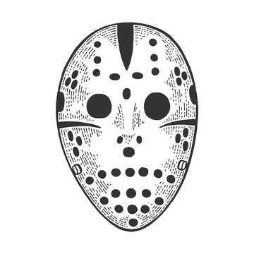 Goaltender hockey goalie nightmare mask sketch engraving vector illustration. T-shirt apparel print design. Scratch board style imitation. Black and white hand drawn image.