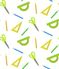 Seamless pattern with scissors, ruler and colored pencils. Isolated on white background. Printing on stationery, bookends, packaging, wrappers, protective surfaces for creativity.