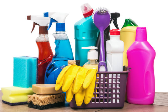 Cleaning and cleaning supplies, detergents and cleaning products isolated on white background