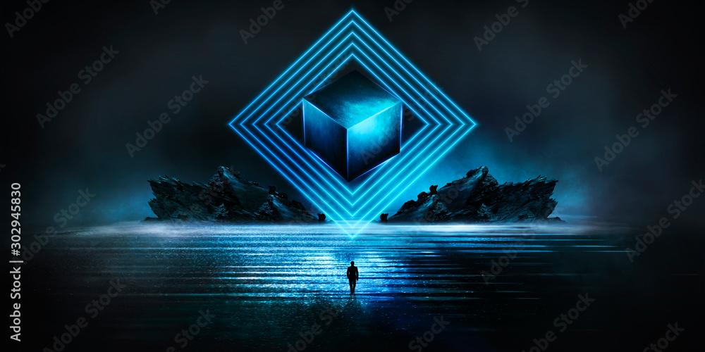 Wall mural modern futuristic neon abstract background. large object in the center, space background. dark scene