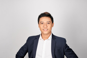Portrait charming handsome young businessman. Attractive asian guy look confident.