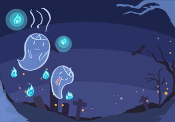 Happy halloween art cute ghost   floating with blue fire Background are dark blue silhouette spooky forest and graveyard