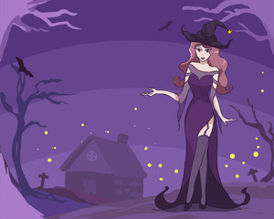 Beautiful sexy witch welcome to her place for Happy Halloween art background are dark purple silhouette spooky forest and graveyard