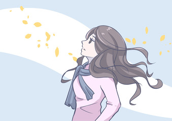 lonely woman looks up at the sky feeling blue background are windy autumn leaves in pastel vector illustration