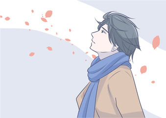 lonely man looks up at the sky feeling blue background are windy autumn leaves in pastel vector illustration