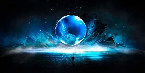 Futuristic night landscape with abstract landscape and island, moonlight, shine. Dark natural scene with reflection of light in the water, neon blue light. Dark neon circle background. 3D illustration