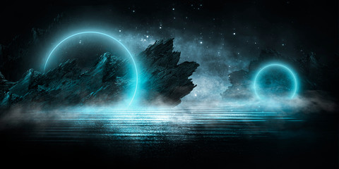 Fototapeta na wymiar Futuristic night landscape with abstract landscape and island, moonlight, shine. Dark natural scene with reflection of light in the water, neon blue light. Dark neon circle background. 3D illustration