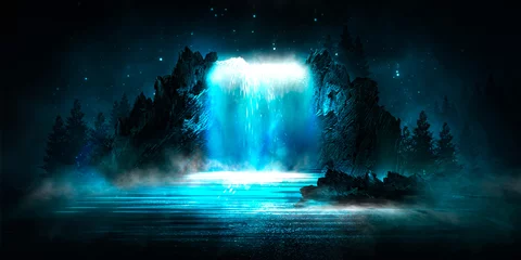 Printed roller blinds Fantasy Landscape Futuristic night landscape with abstract landscape and island, moonlight, shine. Dark natural scene with reflection of light in the water, neon blue light. Dark neon background. 3D illustration
