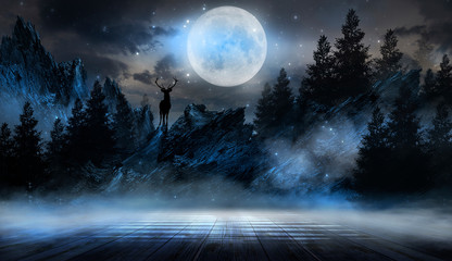 Futuristic night landscape with abstract landscape and island, moonlight, shine. Dark natural scene with reflection of light in the water, neon blue light. Dark neon background. 3D illustration © MiaStendal