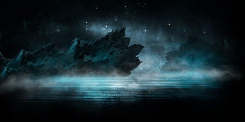 Futuristic night landscape with abstract landscape and island, moonlight, shine. Dark natural scene with reflection of light in the water, neon blue light. Dark neon background. 3D illustration © MiaStendal