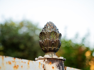Decorative metal pattern on a fence on a blurred background