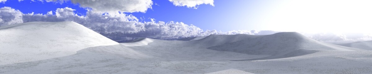 Snow covered hills, snow clouds. 3d rendering.