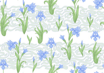Iris flower, fleur-de-lis. Seamless pattern, background. Colored vector illustration. In art nouveau style, vintage, old, retro style. In blue and green colors. Isolated on white background..
