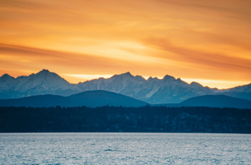 Snowy Olympic Mountains over Puget Sound near Seattle.