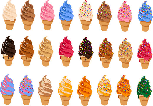 Vector illustration of various kinds of soft serve ice cream in sugar cones with toppings, sprinkles and sauces