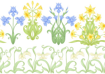 Spring flowers. Narcissus, Iris, lily of the valley, may-lily, Seamless pattern, background. Vector illustration. In art nouveau style, vintage, old, retro style. Isolated on white background..