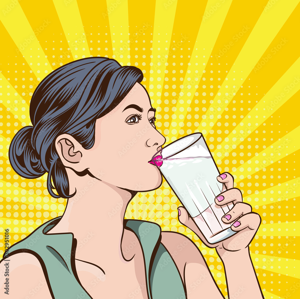 Wall mural young woman drinking water .pop art retro comic style illustration.women and background images separ