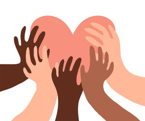Illustration of a group of people's hands with different skin color together holding a heart. Diverse crowd, race equality, communication vector art in minimal flat style.