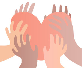 Illustration of a group of people's hands with different skin color together holding a heart. Diverse crowd, race equality, communication vector art in minimal flat style.