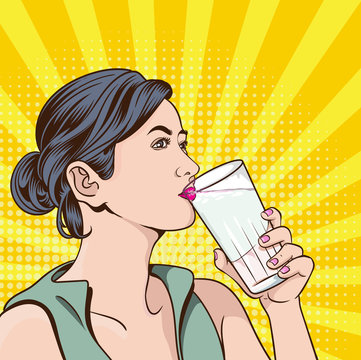 Young woman drinking water .pop art retro comic style illustration.Women and background images separate