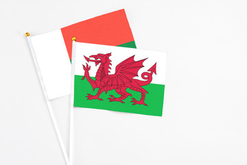 Wales and Madagascar stick flags on white background. High quality fabric, miniature national flag. Peaceful global concept.White floor for copy space.