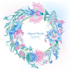 Fantasy flowers in retro, vintage, jacobean embroidery style. Template for wedding invitation, greeting card, banner, gift voucher, label. Colored vector illustration