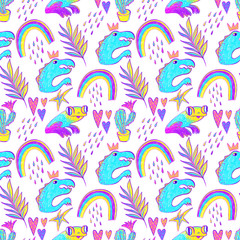 Obraz premium Seamless pattern on the boy wonder theme with rainbows, dinosaurs, frogs, hearts, raindrops, palm leaves and stars