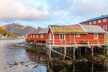 Fototapeta na wymiar traditional waterfron cottages lofoten islands, norway
