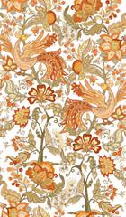 Fototapety  Fantasy floral seamless pattern in jacobean embroidery style, vintage, old, retro style. Vector illustration in soft orange and green colors Isolated on white background.