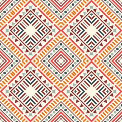 Geometric seamless pattern with triangles, dots, rhombuses. Striped ethnic card. Tribal background. Vector illustration.  