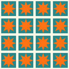 Abstract checkered geometric seamless pattern with squares, stars. Mosaic, tile background, wrapping paper. Vector illustration.    