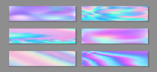 Holography fashionable banner horizontal fluid gradient mermaid backgrounds vector collection. 