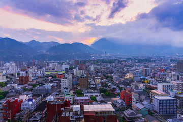 Obraz premium Sunset Cityscape view of Beppu city and Beppu bay from Beppu tower, Oita, Kyushu, Japan