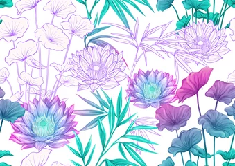 Fototapeten Tropical plants and flowers. Seamless pattern, background. Colored and outline design. Vector illustration in neon, fluorescent colors. Isolated on white background.. © Elen  Lane