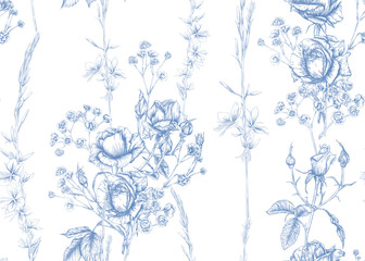 Cotton fabric Roses and spring flowers seamless pattern. Graphic drawing, engraving style. Vector illustration.