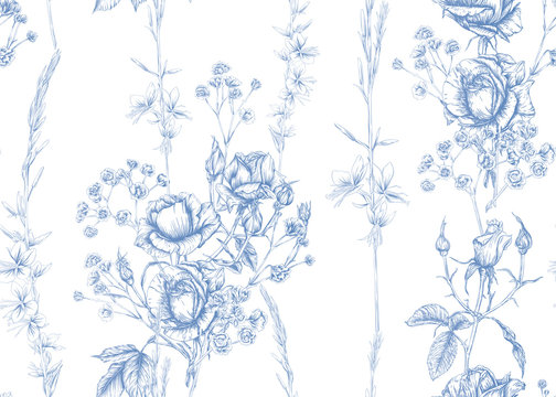 Roses and spring flowers seamless pattern. Graphic drawing, engraving style. Vector illustration.