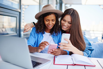 Cheerful multiracial female best friend share multimedia files on smartphones spending free time...