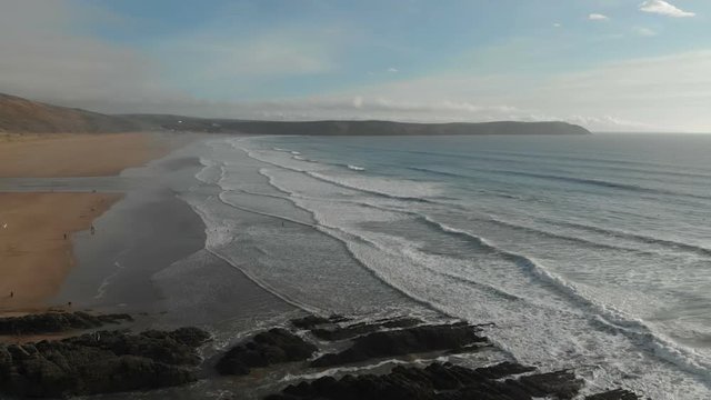 Aerial View Slow Motion Flying Over Beach North Devon, Woolacombe