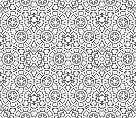 Thin line geometric seamless pattern with different shapes. Striped, checkered card. Ornamental background. Wrapping paper. Vector illustration.     