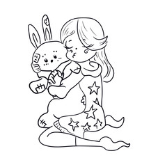 black girl hugs a blue rabbit toy