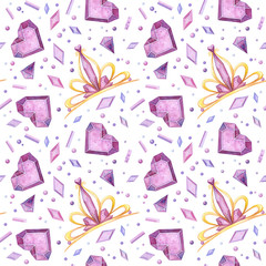 Diadems and crystals hand drawn seamless pattern. Crystalline tiaras, hearts and jewels color drawing. Fairytale items texture. Creative textile, wallpaper, wrapping paper design © Valin Malin