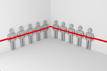 A group of men in a corner of an empty room with line draw over them - 3d rendering concept