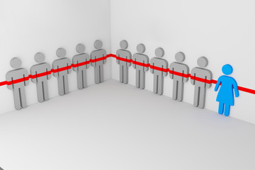 A group of men in a corner of an empty room with line draw over them - 3d rendering concept