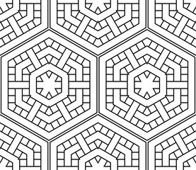 Fototapeta premium Thin line striped hexagon, triangle, rhombus seamless pattern. Linear geometric background. Wrapping paper. Vector illustration. 