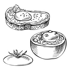 Sketch Eggs baked in tomato, in bread. Egg sandwiches, toast. Hand drawn doodle breakfast