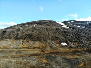 Aerial view of volcano alongside ring road in Iceland in the summer